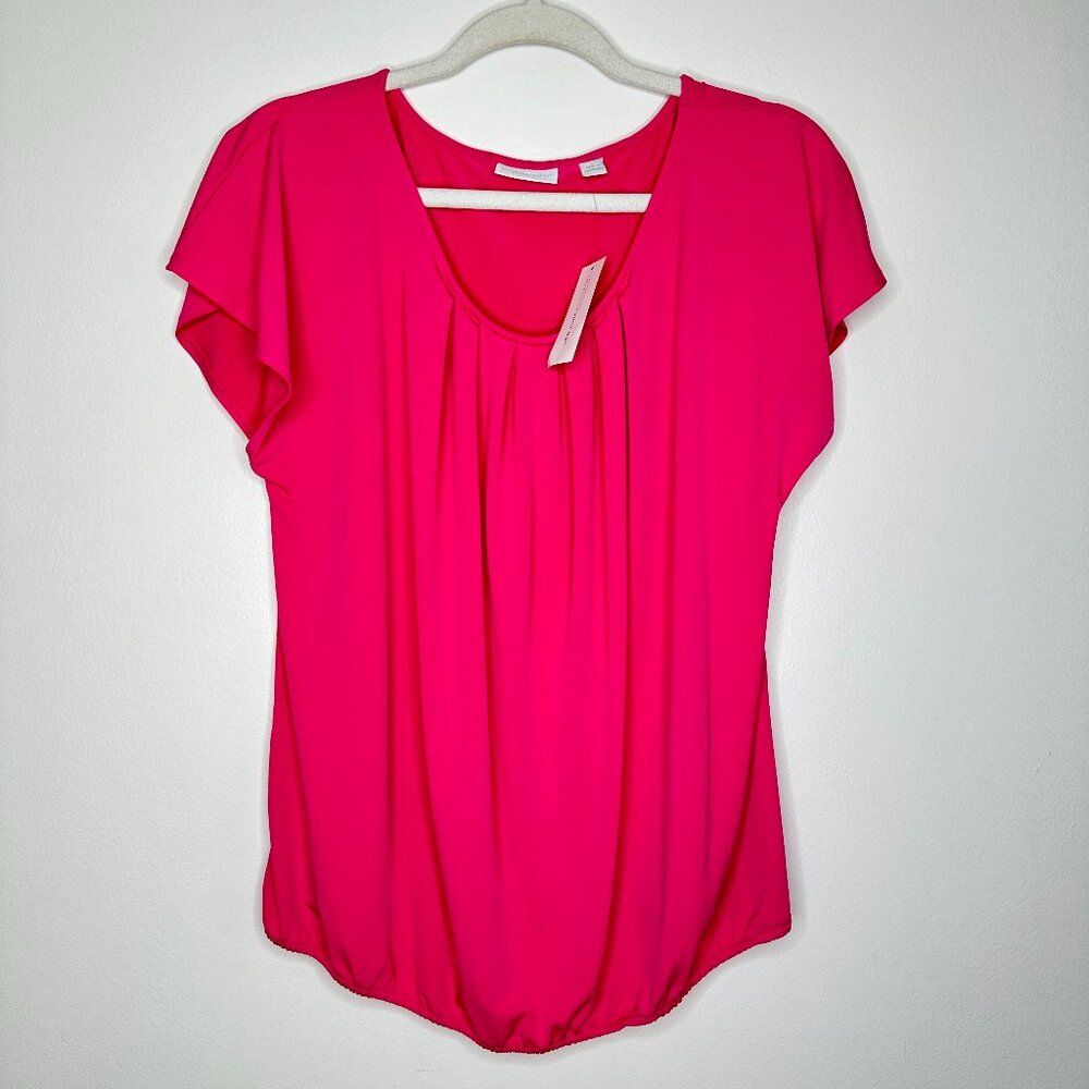 New York & Company Pink Pleated Scoop Neck Blouse‎ L Flutter Sleeve Stretch